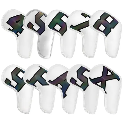 White covers with Laser numbers, Premium PU Leather Golf Iron Headcover Set (10pcs) | Numbered 4-9, P, S, A, X | Protective Club Covers for Irons