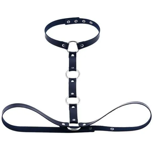 House Of Dasein Y Choker Faux Leather Chest Harness Women Body Fetish Clothing - Dark Blue