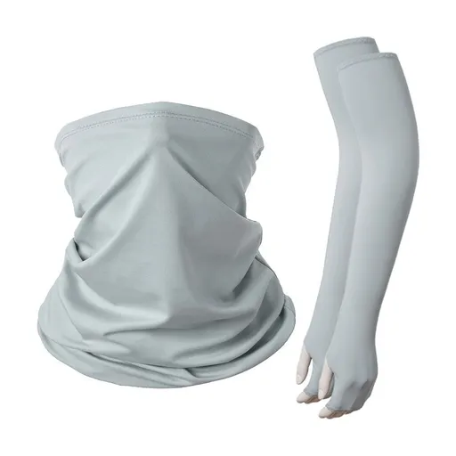 Thin Breathable UV‑Resistant Arm Sleeve Glove Set Matching Neck Face Cover, Sweat‑Wicking For Driving & Hiking, Halloween Daily Sports Supply, One Size, Light Grey Mask, 2 Pcs