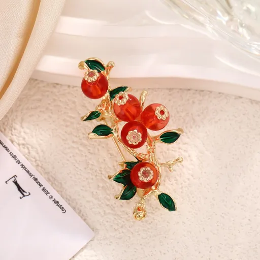 Vintage Persimmon Branch Brooch - Gold Tone Enamel Leaf and Red Bead Fruit Pin, Elegant Floral Badge for Women Blazer Coat Scarf, 5cm