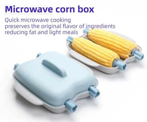 Blue Dual Grid Microwave Corn Cooker (Boxed) - Food Grade Corn Steamer with Lid and 4 Corn Holders, Quick Kitchen Cooking Container for Corn on the Cob
