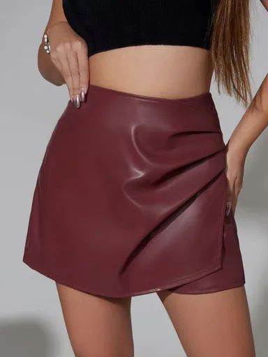 Burgundy Faux Leather Mini Skirt Faux Leather Skirt Women'S Wrap Skirt Trendy - Burgundy - Size L