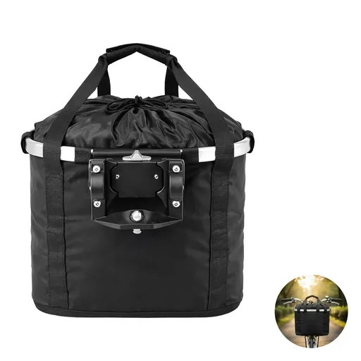 Front Bicycle Basket, Oxford Fabric Foldable Quick-Release Bike Carrier with Aluminum Alloy Frame & Handles, 14.2 x 9.4 x 10.2 in for Pet Transport, Commuting, Shopping, Black