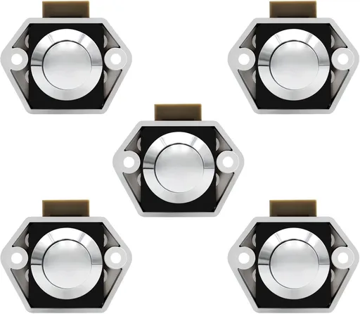 5-Piece Push Button Lock - Push Button for Campervan - Door Lock - Locking Button for Shutter Door - For Camping, RV, Motorcycle, Caravan - Silver
