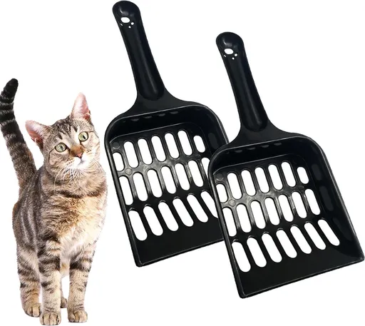 Cat Pellet Scoop (2 Pieces) - Cat Litter Scoop - Black Sieve and Poop Cleaner - Poop Scoop - Pet Litter Box Maintenance - Plastic Shovel - Kitten Scoop for Pine Pellets - Handy Hanging Hole for Quick Storage - 8x3.5inch