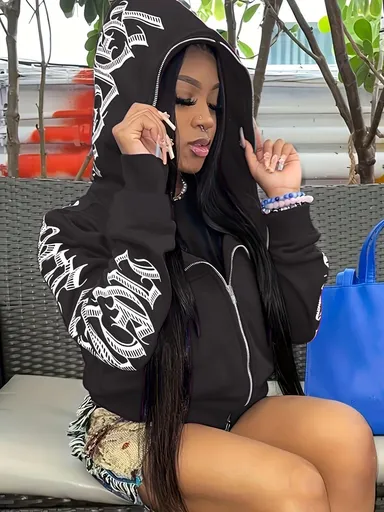 Y2k Hoodie Gothic Streetwear Women'S Zip-Up Jacket Letter Print Hoodie - Black - Size S(AU S/EU46)