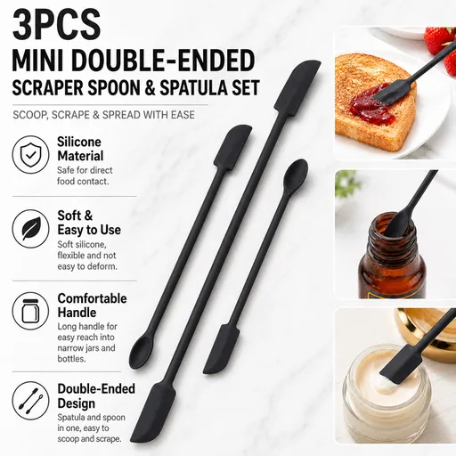Black Silicone Mini Double Ended Spatula Spoon Set of 3 Sizes - Flexible Kitchen Mixing Spatula with Long Handle for Narrow Cosmetic Bottles Jam Jars Cream Containers