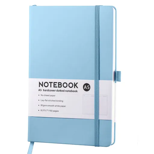 A5 Hardcover Dotted Notebook, 96 Sheets with Elastic Closure, Inner Pocket and Ribbon Bookmark, Light Blue, 21.3 x 14.8 cm