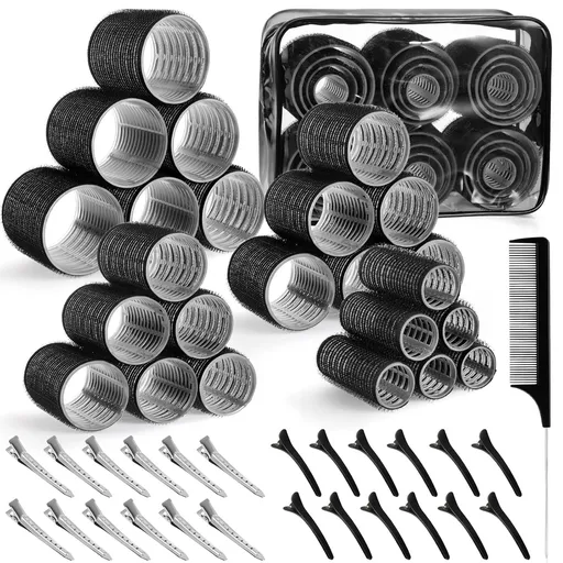 Black 50-Piece Professional Hair Roller Set - Multi-Size Self-Grip Velcro Rollers with Clips and Tail Comb - Complete Heatless Styling Kit for Voluminous Curls and Air Bangs