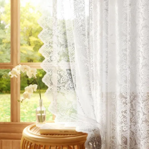 Vintage Lace Sheer Curtains 63" 2 Panels White, Elegant Floral Soft Fabric, Scalloped Edge, Easy Install Rod Pocket Drapes for Bedroom Living Room & French Door 52W x 63