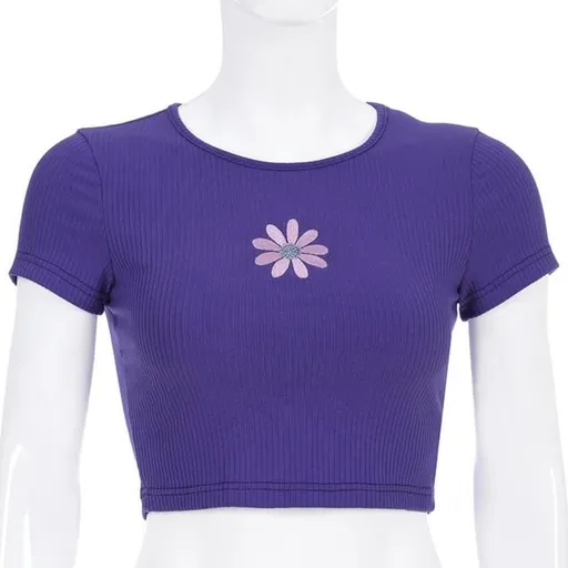 House Of Dasein Purple Little Flower Summer Crop Top Tee Shirt Women Fashion - Purple - M