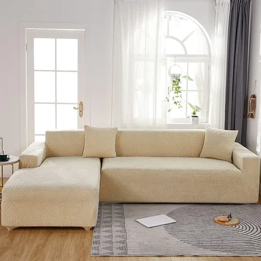 Waterproof sofa cover - Beige jacquard leaf pattern - For 3-seater sofa (185-230 cm)