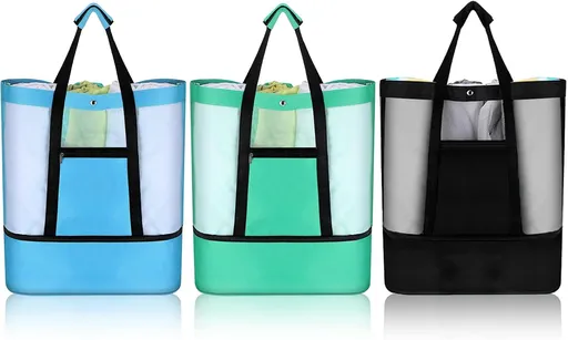 3 Pcs Beach Bag with Cooler Mesh Beach Tote with Insulated Cooler and Pocket Waterproof Sandproof Beach Tote Bag Swim Pool Bag for Women Summer (Black, Blue and Green)