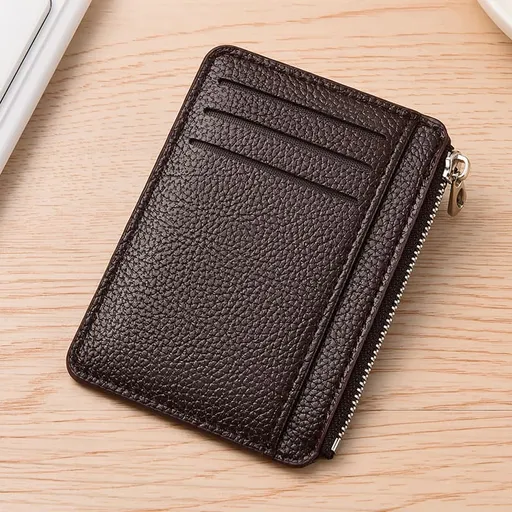 6 Card Slots Zipper Wallet, Thin Durable Water Repellent Card Holder Scratch Resistant Easy to Carry, Brown