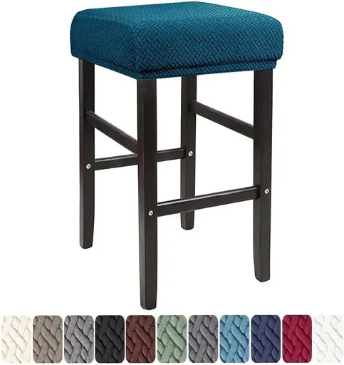 Square Saddle Bar Stool Covers Set of 2, Stretch Jacquard Washable Seat Slipcovers, Dark Cyan