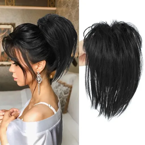 Messy Bun Hair Piece Claw Clip in Hair Buns Hair Piece for Women Straight Short High Ponytail Extension Tousled Updo Faux Hair Bun Scrunchies for Women and Girls (Brown Mix Ash Blonde)