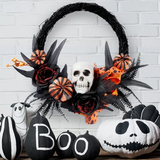 Halloween Wreath Artificial Skull Wreath Handmade Black Grapevine Wreath with Pumpkin Rose Ribbon Bat 15.7”Front Door Decorations