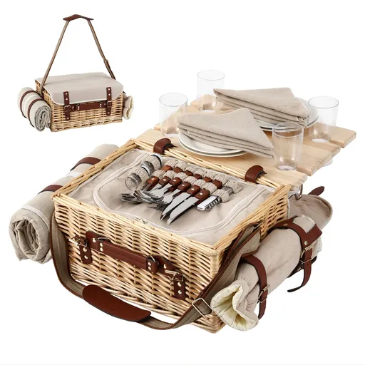 4 Person Insulated Picnic Basket Set with Foldable Wood Table 21L Wicker Natural