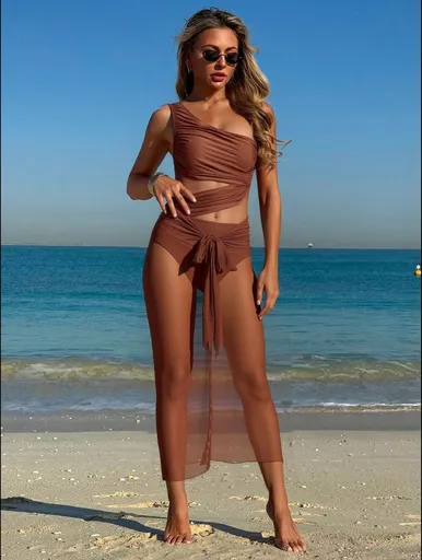 Camel Stylish One-Shoulder One-Piece Swimsuit + Sheer Mesh Sarong Wrap Skirt Set (M Size) - Women's Elegant Ruched Crossover Tummy Control Beachwear with Wireless Chest Padding for Beach Holiday Party