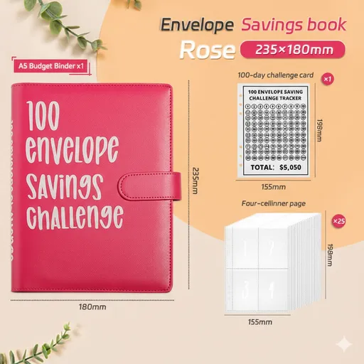 A5 Budget Planner Book 100 Envelope Savings Challenge Binder Red PU Leather Cash Stuffing Money Organiser with Magnetic Closure