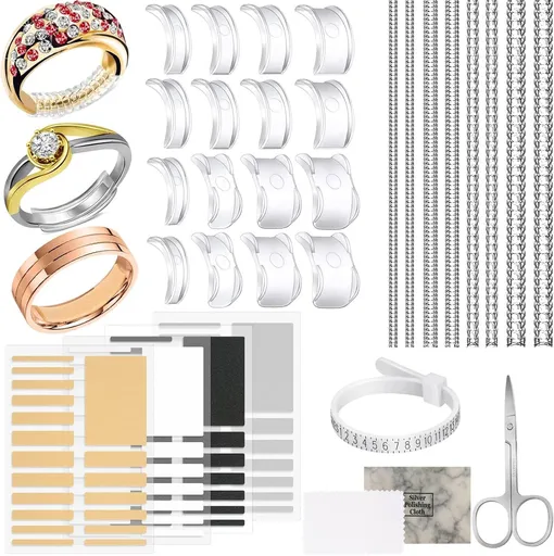 Ring Size Adjuster Kit 31-Pack - Ring Sizer Tool with Measuring Gauge - Resizer Spiral for Loose Rings - Stainless Steel Polishing Cloth