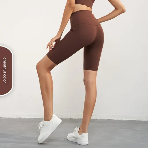 Size XL Chestnut Color Seamless High-Waisted Yoga Shorts for Women - Tummy Control & Butt Lifting Fitness Shorts
