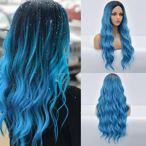 European And Gradient Blue Long Curly Hair High Temperature Silk Wig