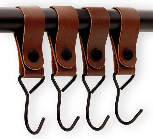 Brute Strength - Multifunctional Hook with Leather Loop - Cognac - 4 pieces - Coat Hook - Camping Hook - Leather - Hanging Hooks - Towel Hooks