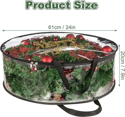 4 PCS Clear Wreath Storage Bag, 24x8 Inch Christmas Wreath Storage Container, Heavy Duty PVC Wreath Protector with Handle (Black)