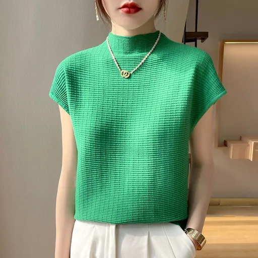 wu Thin Short Sleeve Plaid Knitted Top Emerald green M Size: M; Height (cm): 160-165; Weight (kg): 50-55; Bust (cm): 86-90; Waist (cm): 70-74; Shoulder width (cm): 38; Length (cm): 60