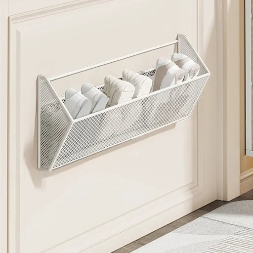 Wall Mounted Shoe Rack for Bathroom Door | Non Perforated Slipper & Towel Storage Organizer | Adjustable Stainless Steel Holder | 1-Piece White