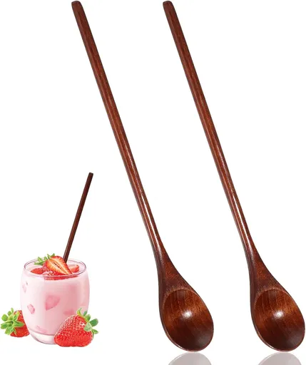 2 PCS Wooden Spoons for Honey, Long Handle Mixing Wooden Spoon 7.8 Inch Honey Spoons Matcha Spoon for Stirring Brown Cocktail Stirrer Mixing Teaspoon for Home Kitchen Bar Restaurant