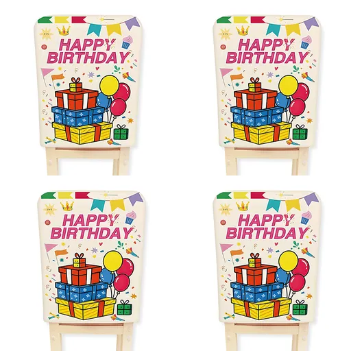 4 pcs Cartoon half chair covers birthday（Happy birthday*4） - Stretch Dining Chair Back Cover with Gift Print Decorative Slipcover for Birthday Party Home Dining Room Decoration chair back covers party
