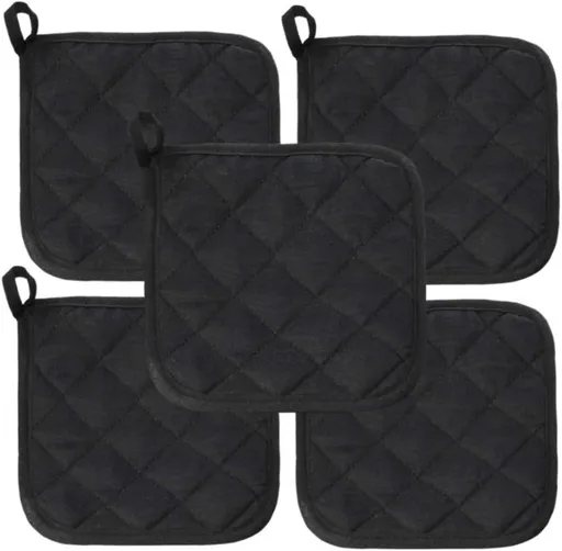 5Pcs Kitchen Pot Holders Set Heat Resistant Pure Cotton Potholders Kit Trivets Large Coasters Hot Pads Pot Holders for Everyday Cooking and Baking by 6.5 x 6.5 Inch Black
