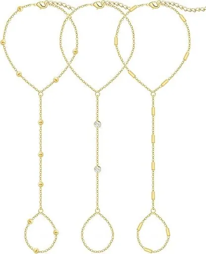 3PCS 14K Gold-Plated Hand Chain Bracelets for Women, Stack Bracelets Set Adjustable, Trendy Dainty Ring Bracelet Hand Chain