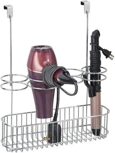 Metal Over Door Bathroom Hair Care & Styling Tool Organizer Storage Basket for Hair Dryer, Flat Irons, Curling Wands, Hair Straighteners - Hang Inside/Outside Cabinet Doors - Chrome