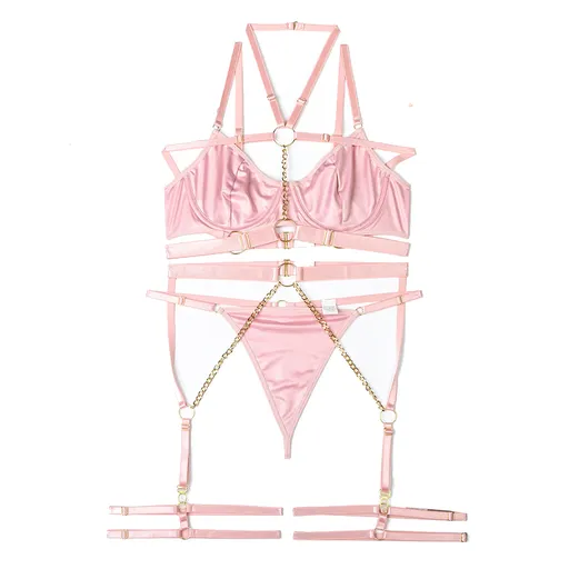 House Of Dasein Pvc Faux Latex Strappy Chain Bondage Fetish Lingerie Women Black Blue Light Pink - Light Pink - L