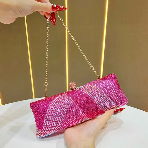 Luxury Rose Red Crystal Evening Clutch Bag Gradient Rhinestone Hard Case Purse with Detachable Chain for Wedding Prom Cocktail Party Fits Smartphone