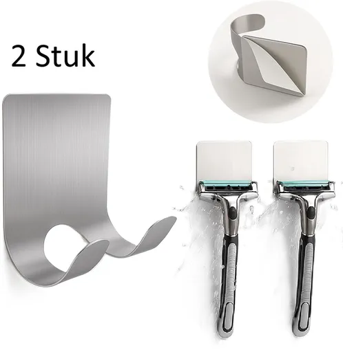 2-Piece Stainless Steel Razor Holder | Razor Tray | Self-Adhesive Razor Holder | Razor Hook | Razor Hanging | Silver