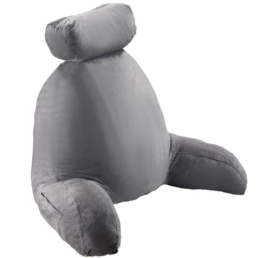 Reading Pillow, Large Bed Pillow with Removable Headrest, Back Pillow with 3 Pockets, Shredded Memory Foam and Washable Short Velvet Cloth, Side with Handles for Reading, Gaming, Resting, Grey