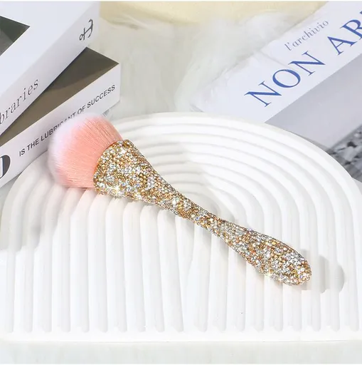 Handmade Rhinestone Powder Brush for Makeup and Nail Dust Cleaning, Soft Fluffy Nylon Bristles with Gradient Pink, Elegant Waist Design for Daily Beauty and Salon Use (Champagne)