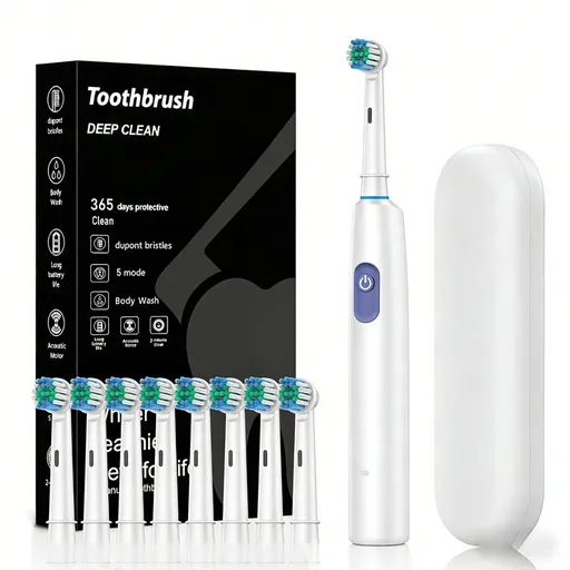 White Rotating Round Head Electric Toothbrush Kit with 8 Heads & Case - 3D Oscillating Mechanical Cleaning for Deep Plaque Removal