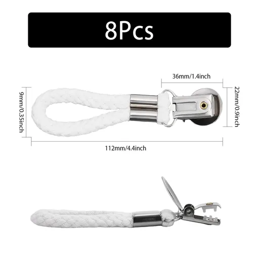 8Pcs Braided Cotton Loop Cloth Hanger Holder Iron Towel Clips with Cotton Cord Loop and Stainless Steel Buckles for Home