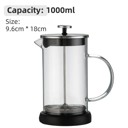 1000ML Premium Dual-Layer Borosilicate Glass French Press Coffee Maker with 304 Stainless Steel Lid – High-Density 3D Filter Mesh Cafetiere, Manual Milk Frother and Tea Infuser Pot