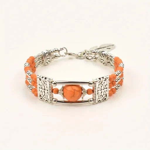 2pcs Ethnic-style Vintage Open Bracelet, Turquoise Beads with Silver Carved Accents, Bohemian Exotic Charm, a Personalized Accessory for Daily and Travel Wear.orange