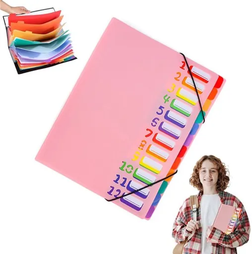 A4 Expandable Project Folder - A4 Sorting Folder - 12 Compartments - File Folder with Tabs - Compartment Folder - Desk Folder - Storage Folder - Document Folder - Work Folder - Clear Classification - Pink