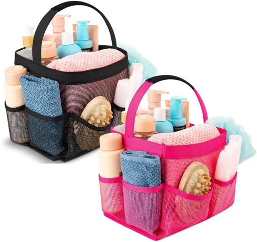 Mesh Shower Caddy Bag Bundle – Includes Black and Pink 9-Pocket Collapsible Bathroom Organizers – Lightweight, Portable Tote for Travel, Dorm, Gym, and Daily Use – Perfect for Organizing Toilet