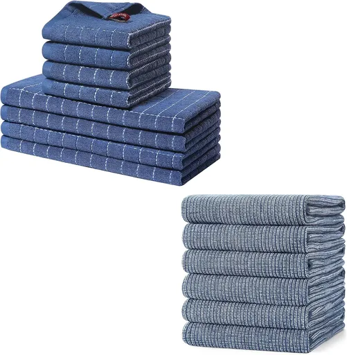 Homaxy Set of 8 Bulk Cotton Terry Kitchen Towels Set, 12 x 12 and 13 x 28 Inches, Checkered Designed and Large Cotton Kitchen Hand Towels(18”x 28”, 6 Pack), Flat and Terry Dish Towels