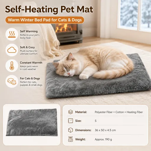 Grey S Size 36x50cm Self Heating Pet Mat - Soft Plush Non-Slip Thermal Bed for Cats and Small Dogs Indoor Crate Car Travel Use
