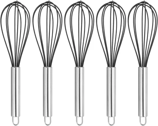 Set of 5 Egg Beaters - 10 Inch - Whisk - Beater Set - Kitchen Whisk - Hand Mixer - Silicone Egg Beater - Manual Egg Beater - Scratch-Free Beating - Non-Stick - for Beating Eggs, Blending, Whipping & Stirring - Black